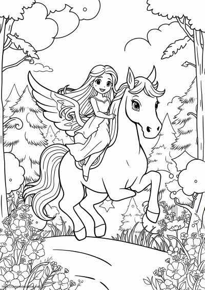 Fată adorabilă călărind pegasus