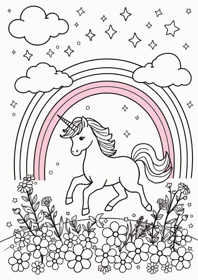 Fisa de colorat cu unicorn si curcubeu