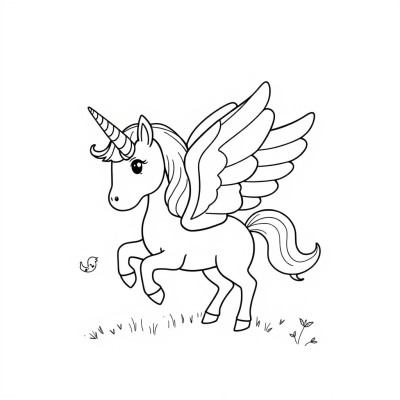 Plansa de colorat cu unicorn cu aripi